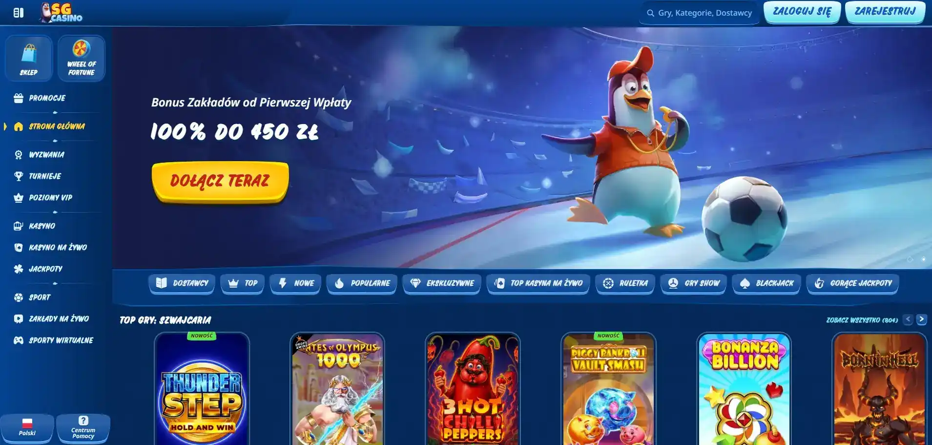 Polska strona główna SGcasino z lokalnym interfejsem